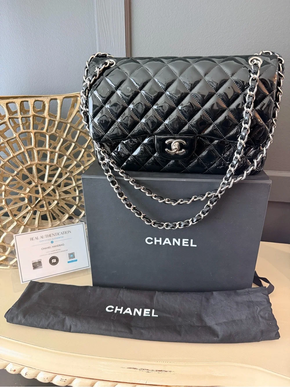 Chanel Classic Double Flap Black Patent Leather Silver Hardware